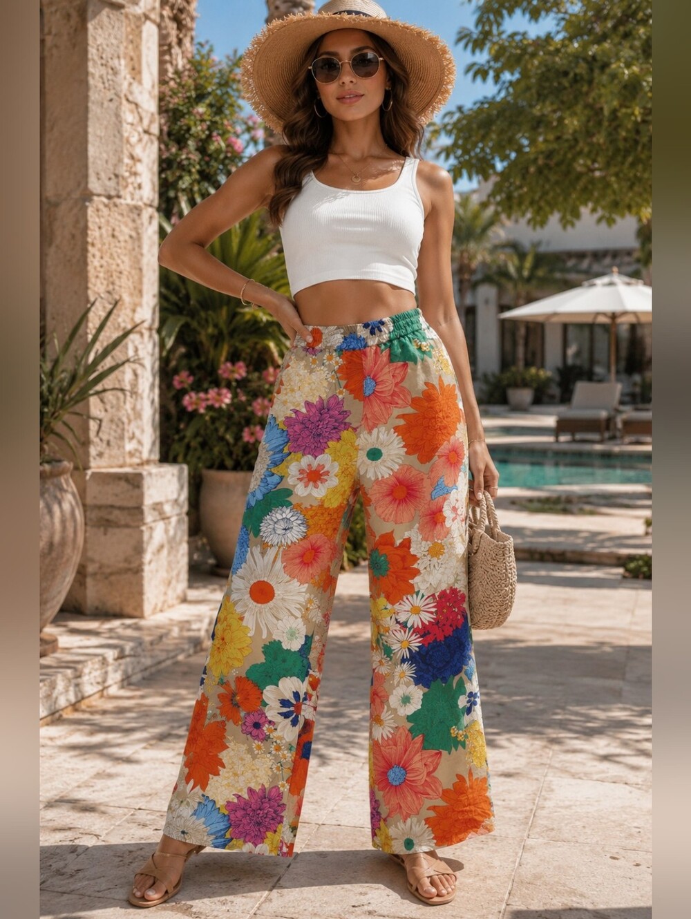 Wide Leg Floral Print Pants in Multicolor - Picture 2 of 15